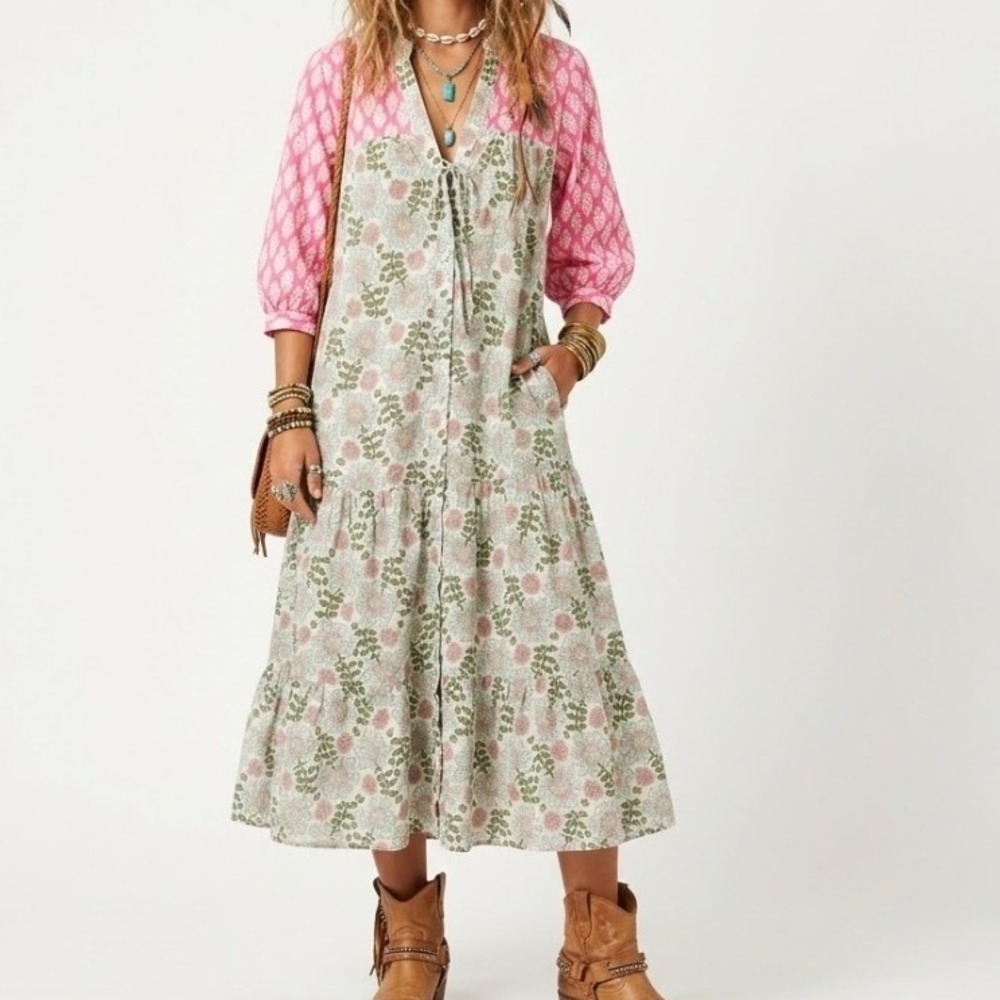 Zara Paloma Midi Dress Boho Tiered Flowy Block Print Button Front Multicolor S
